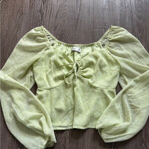 Hollister Lime Green Puff-Sleeve Tie-Front Crop Top